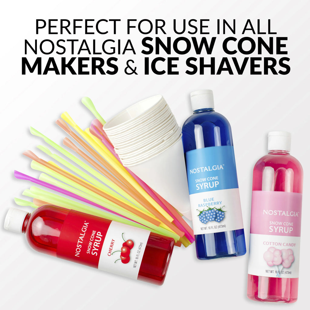 Snow Cone Syrup Party Kit, 3 x 16 oz, 20 Snow Cones with Spoon Straws V37424