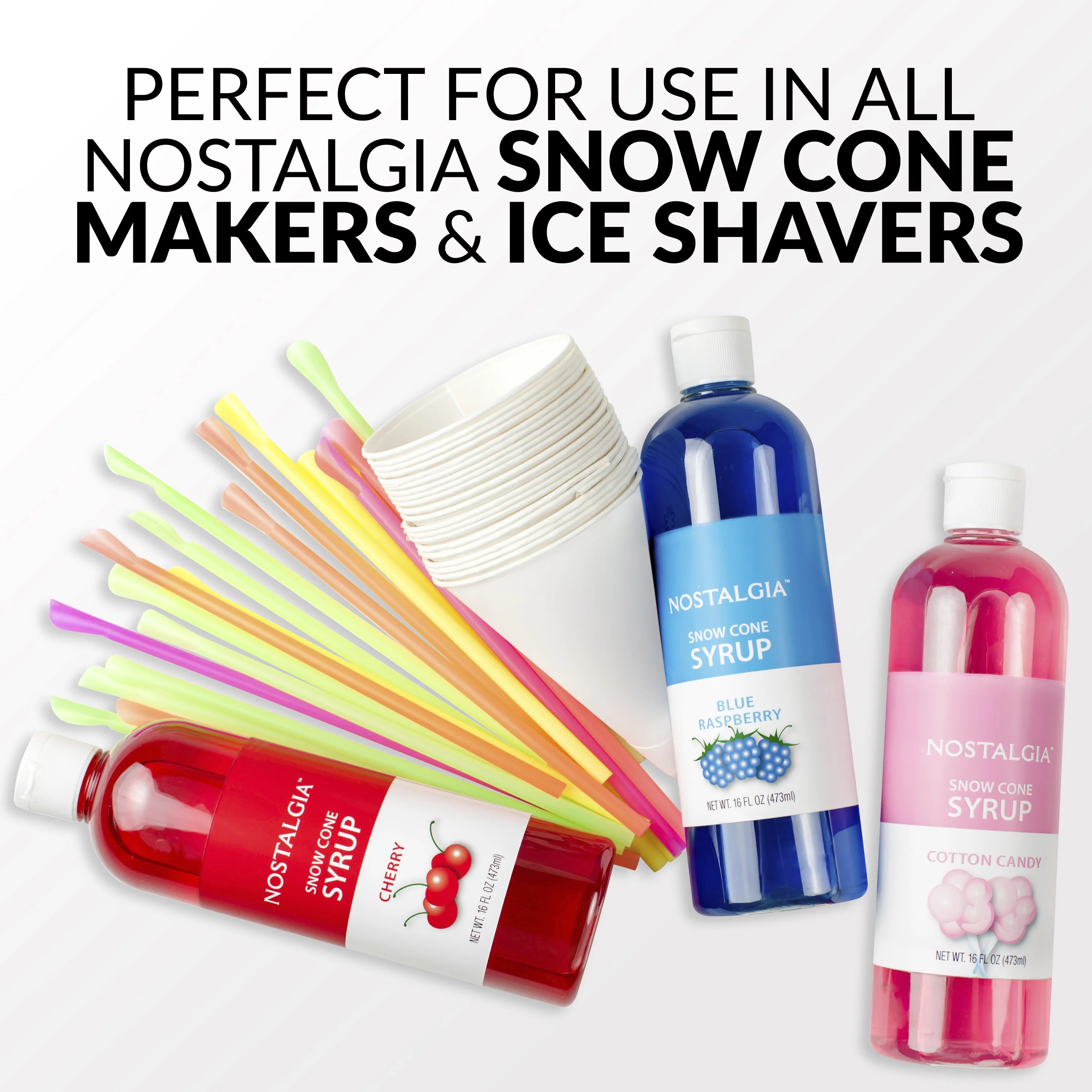 Snow Cone Syrup Party Kit, 3 x 16 oz, 20 Snow Cones with Spoon Straws V37424