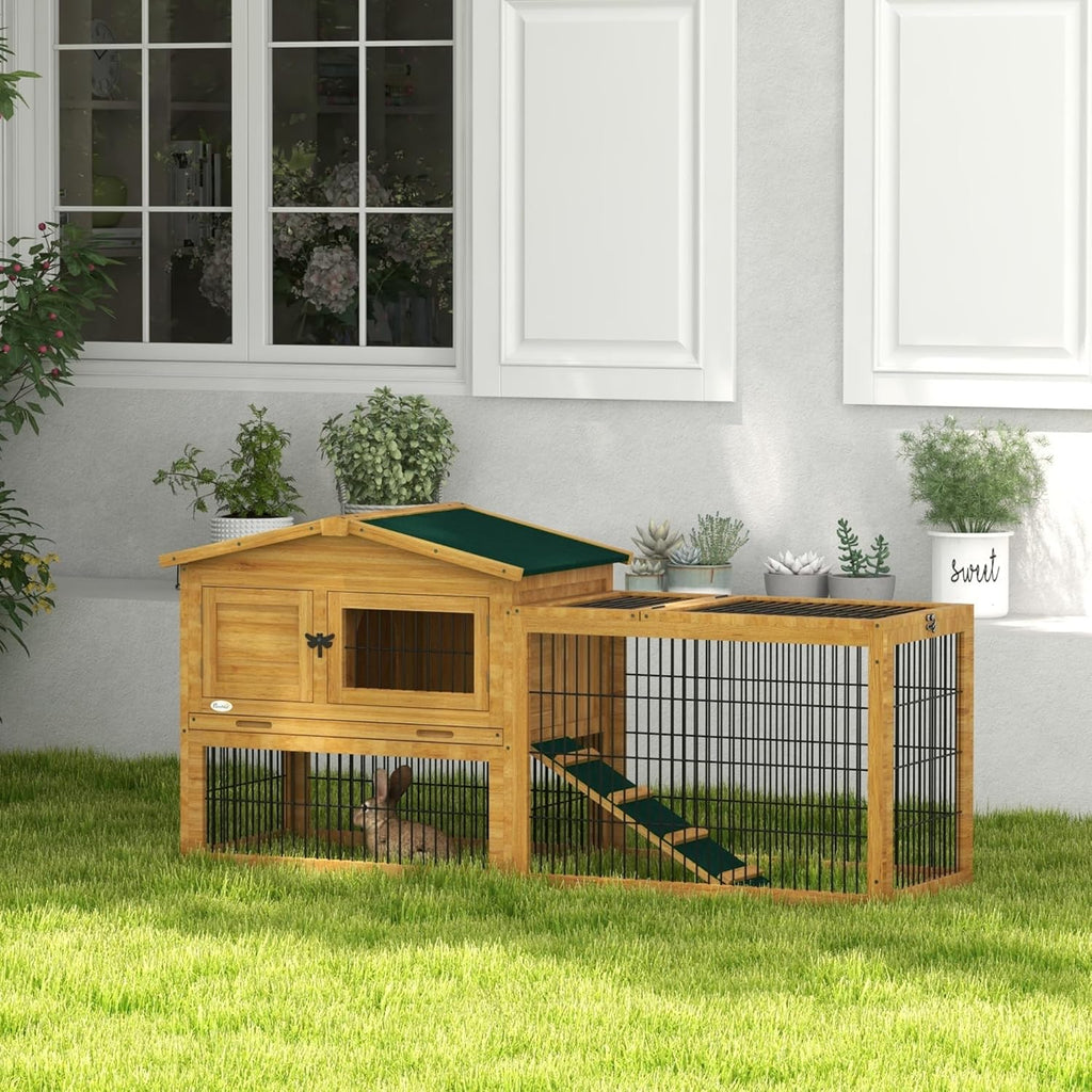 Outdoor Rabbit Hutch with Openable Top, Wooden Cage with Run, Removable Tray P519