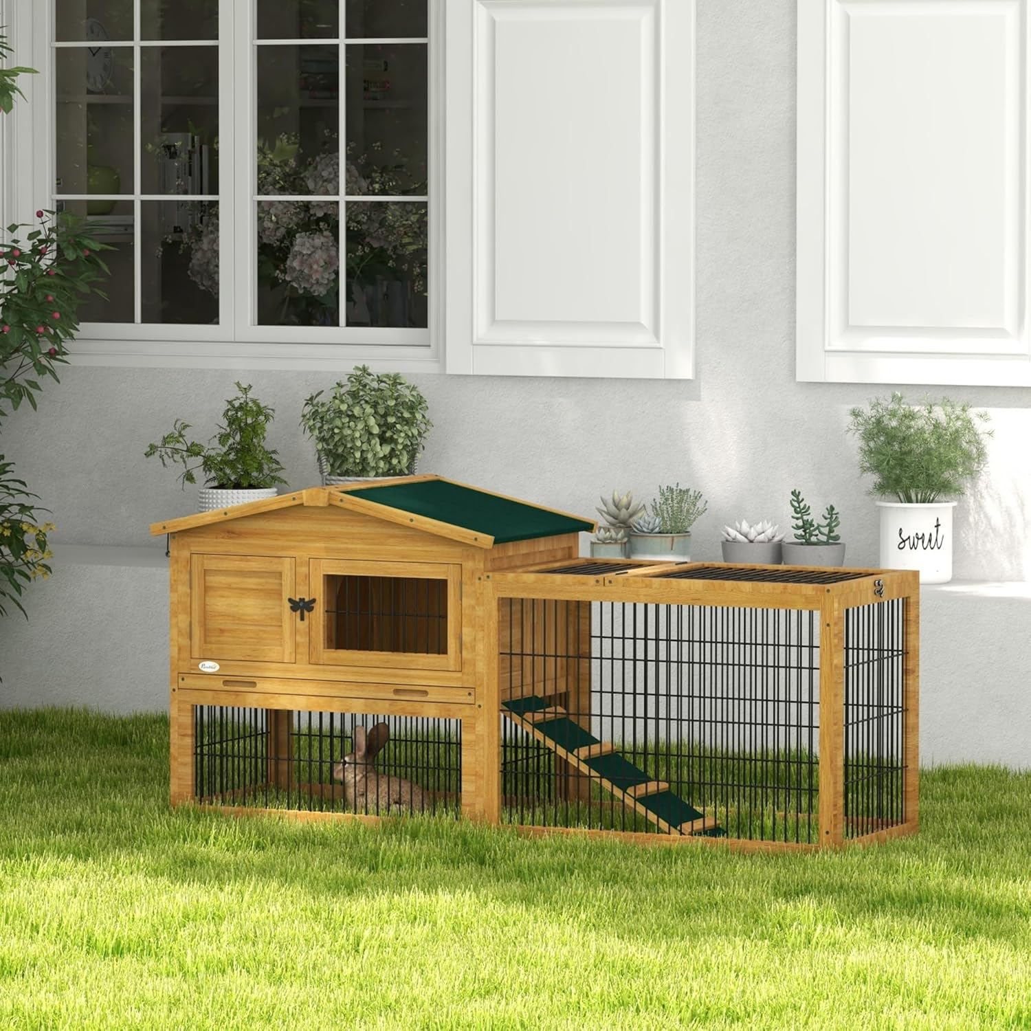 Outdoor Rabbit Hutch with Openable Top, Wooden Cage with Run, Removable Tray P519