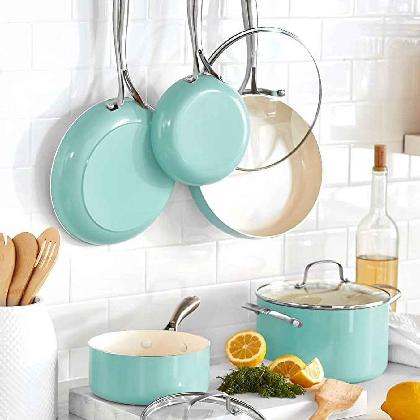 Non-Stick Ceramic Cookware Set 12-Piece, Oven Safe, Turquoise I412