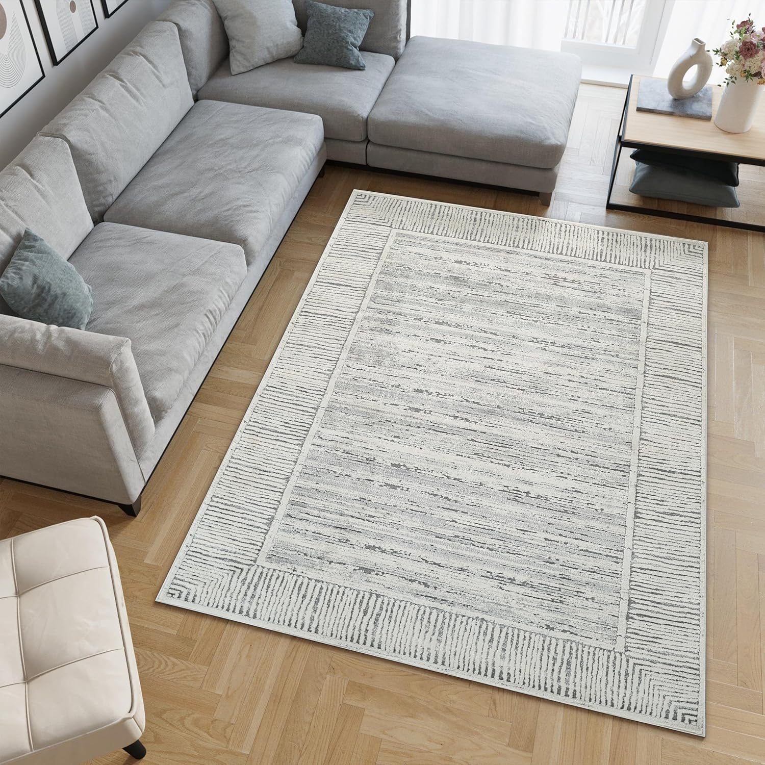 8x10 Striped Area Rug, Stain Resistant, Grey & Ivory H61522