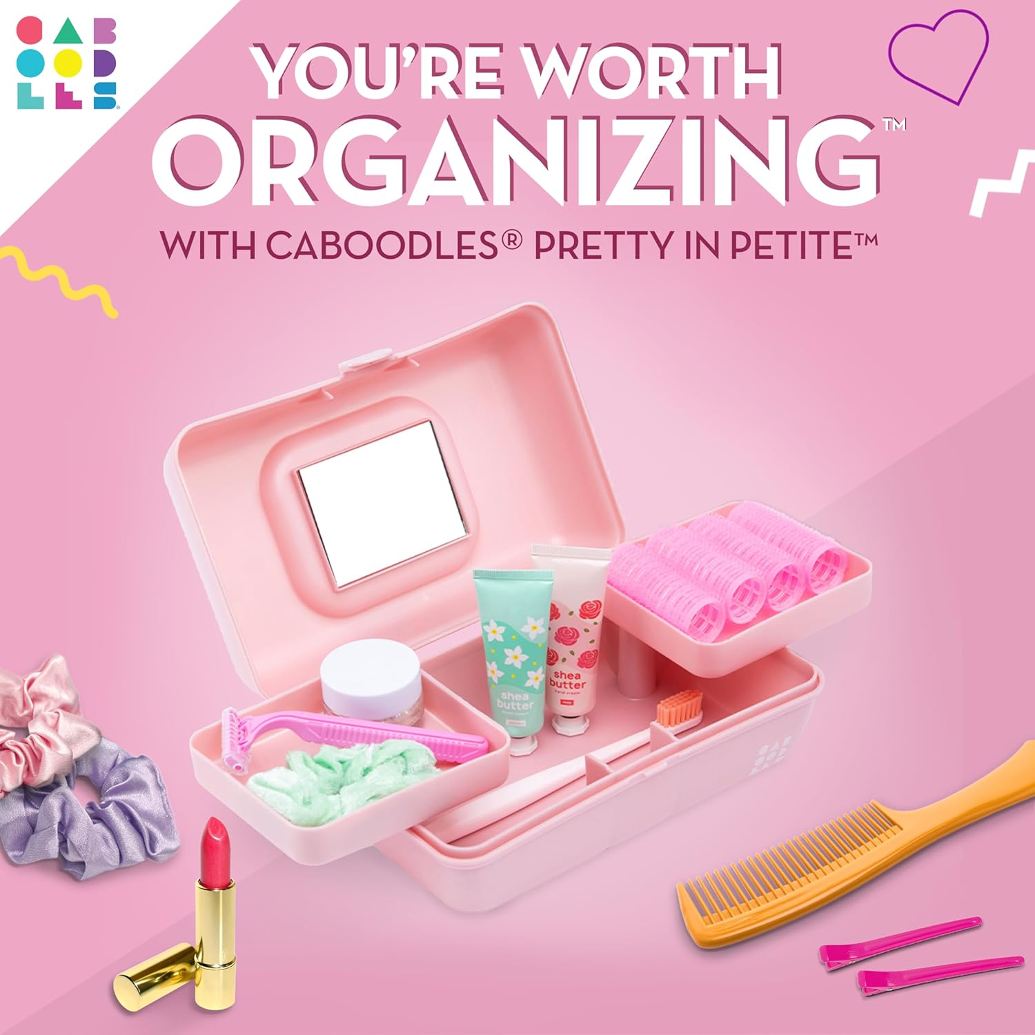 Makeup Box with 2 Swivel Trays and Mirror, Pink Sparkle, Hard Plastic Travel Organizer M889513