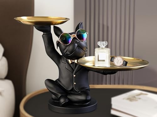 French Bulldog Resin Statue with 2 Metal Trays for Entryway Decor F3312