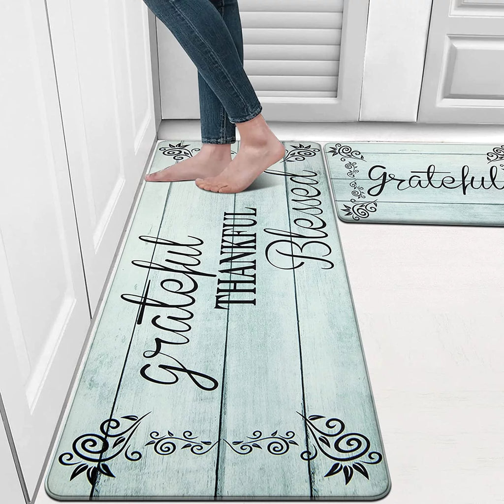 MeyJey Kitchen Rug Set, 2 Piece Anti Fatigue Non-Slip Waterproof Home Kitchen Mat Runner, Aqua Blue