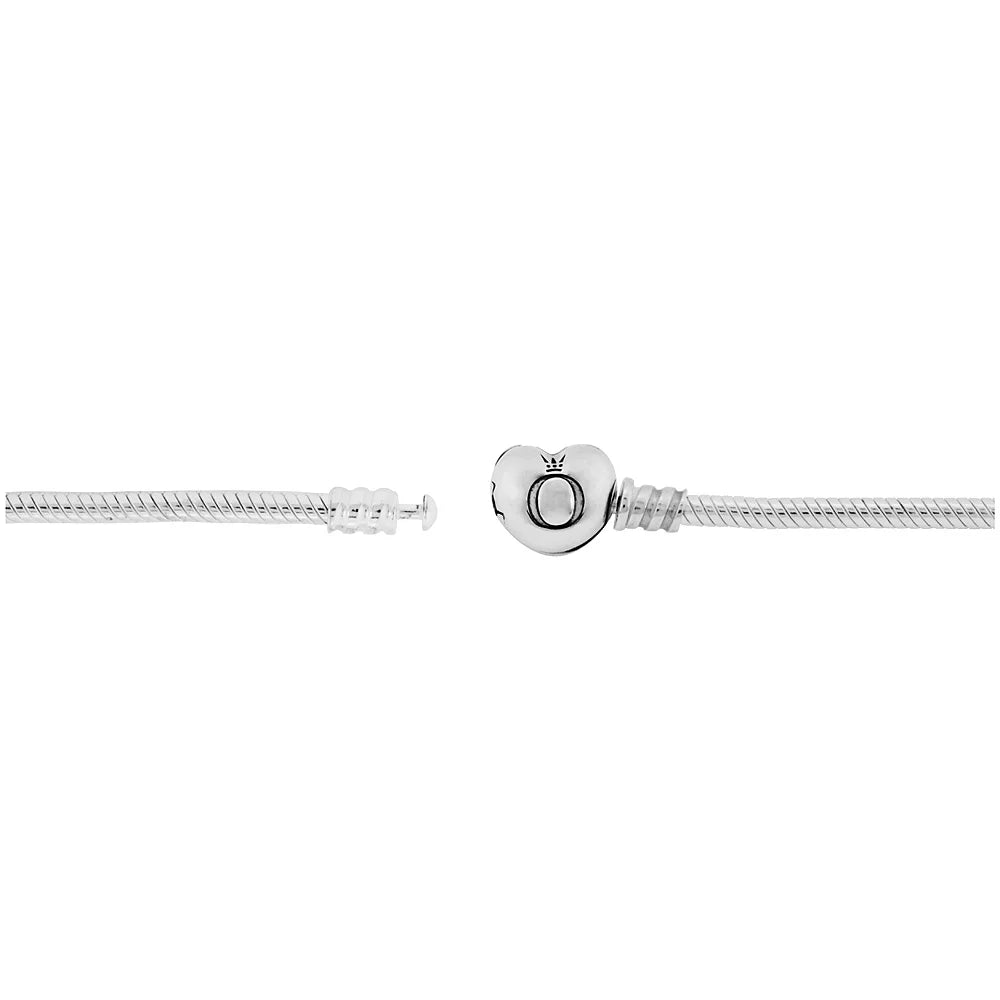 Sterling Silver Snake Chain Charm Bangle Bracelet with Heart Clasp E16172