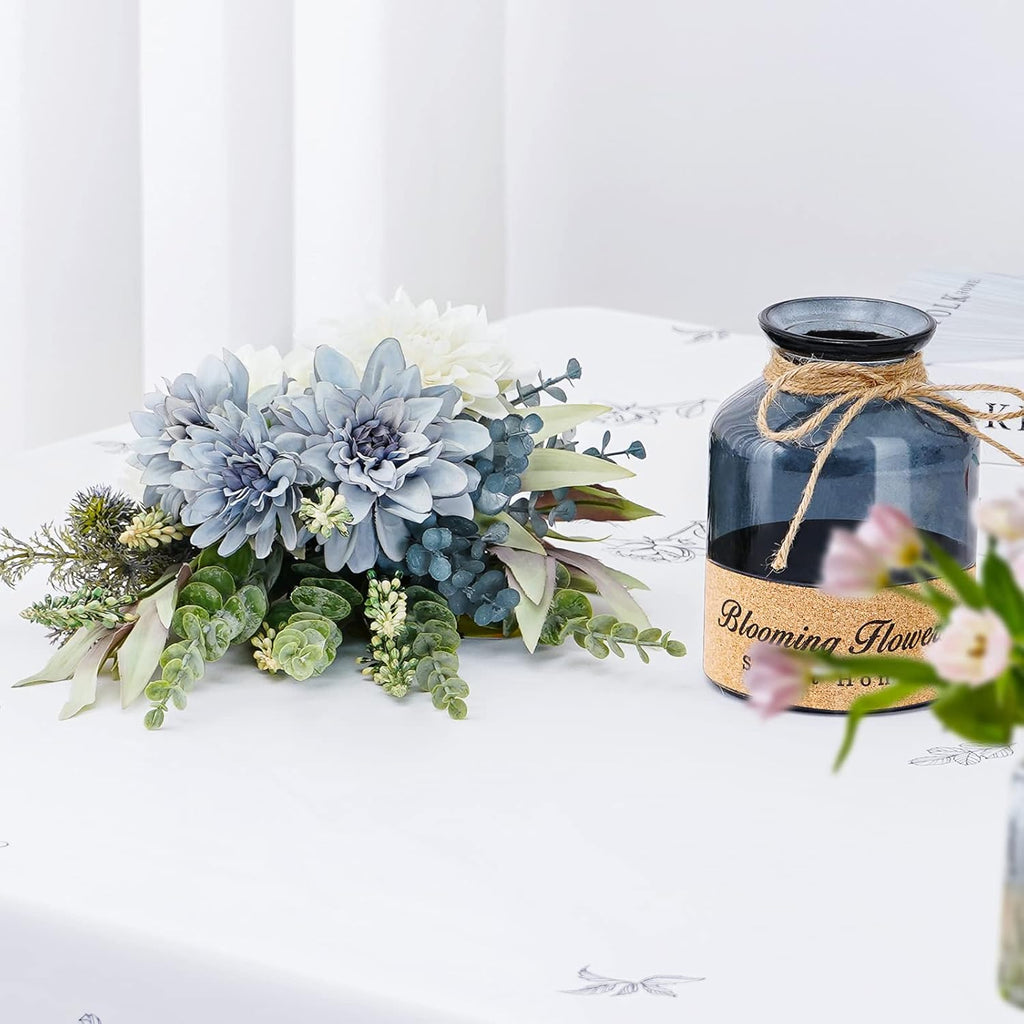 Fake Blue White Dahlia Flowers with Glass Vase Silk Arrangement T605
