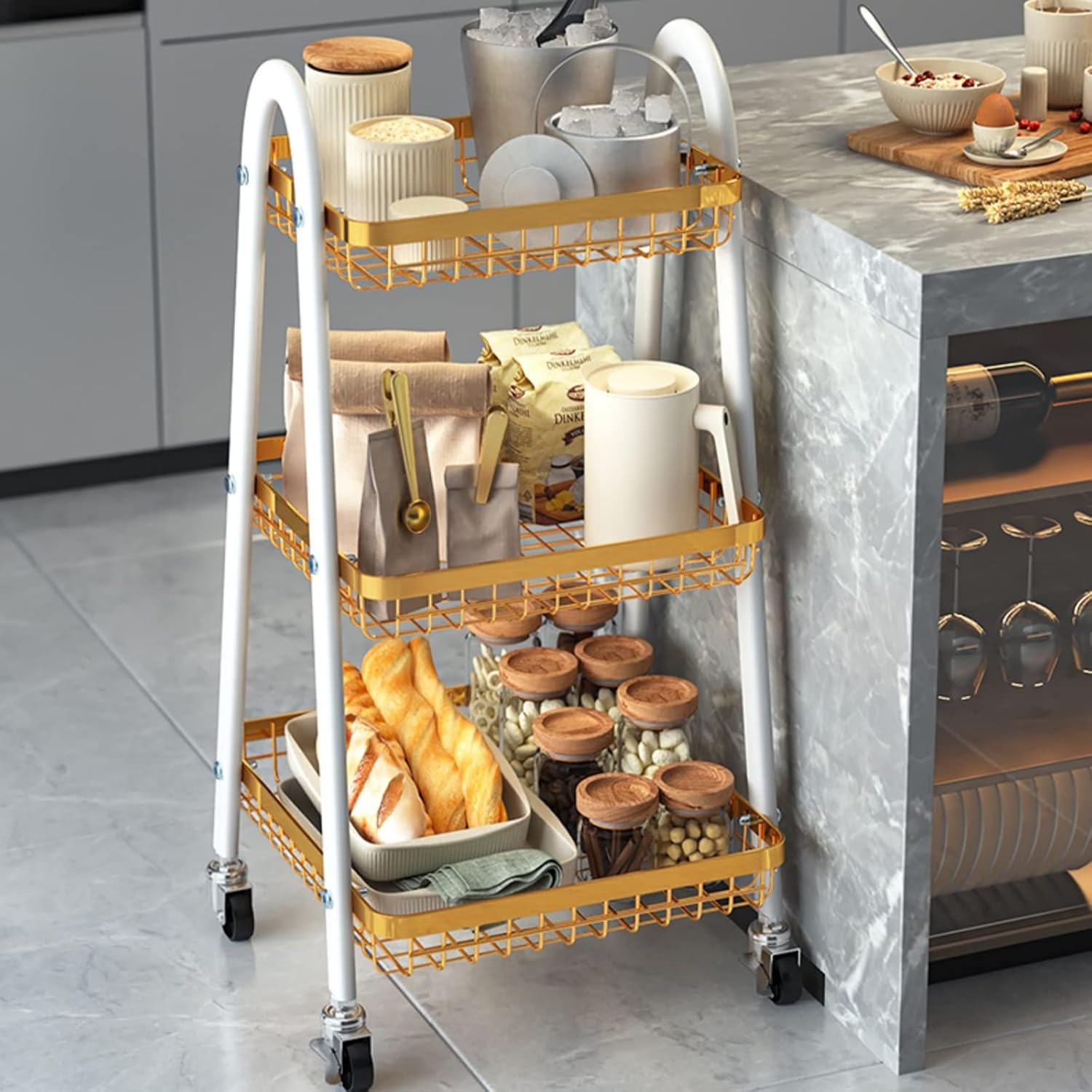 Kitchen Storage Rack with Vegetable Basket, Multi-Layer Trolley L2676