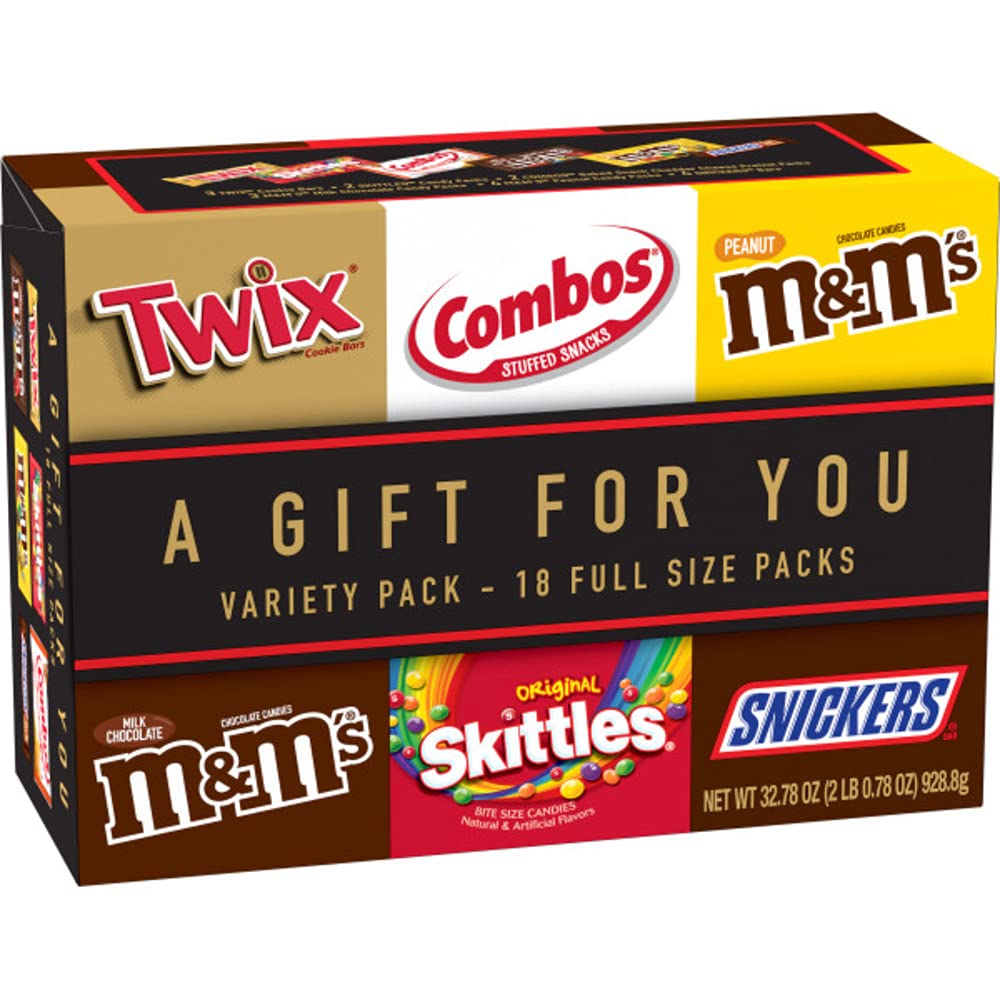 TWIX, SNICKERS, COMBOS, M&M'S Milk Chocolate, M&M'S Peanut and SKITTLES Candy Gift Box (18 Full Size Bars) - Amazon Exclusive,2.78 pounds