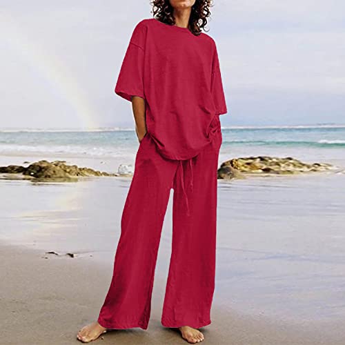 Two Piece Summer Outfit Linen Short Sleeve Top Wide Leg Pants A959