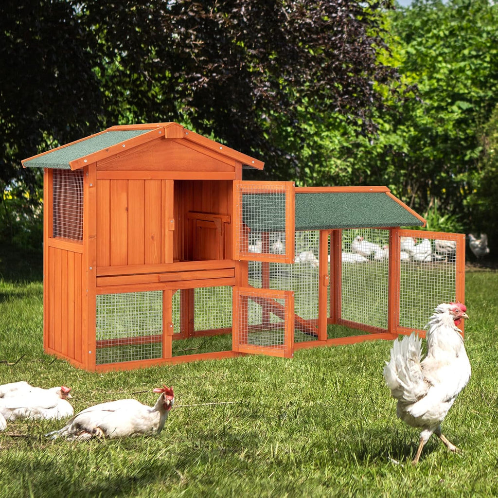 61" Wooden Chicken Coop Hen House Rabbit Wood Hutch Poultry Cage Habitat Outdoor Indoor Bunny Hutch Rabbit Cage on Wheels Guinea Pig PET House for Small to Medium Animals Waterproof No Leak Tray