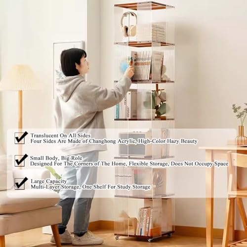 Rolling Bookcase, Bamboo 360° Rotating Bookshelf Tower with Wheels Z7303