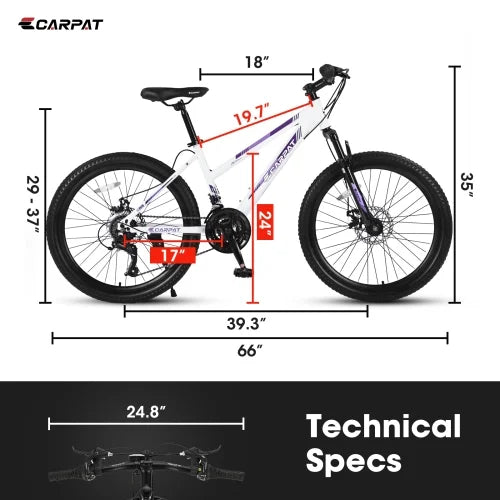 24 inch Mountain Bike for Teenagers Girls Women, 21 Speeds, Dual Disc Brakes J954506