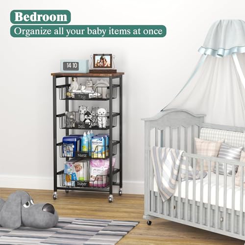 Rolling Kitchen Storage Cart with 4 Pull-Out Baskets and Wood Top V50585