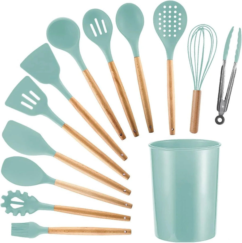 Kitchen Utensils Set 11 Pcs Non-Stick Silicone Cooking Utensils Set with Holder Sturdy Insulation Wooden Handle Heat Resistance Silicone Spatula Spoon Kitchen Gadgets Utensils Set (Light Green)