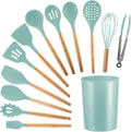 Kitchen Utensils Set 11 Pcs Non-Stick Silicone Cooking Utensils Set with Holder Sturdy Insulation Wooden Handle Heat Resistance Silicone Spatula Spoon Kitchen Gadgets Utensils Set (Light Green)