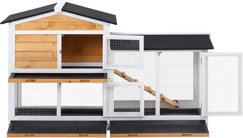 Wooden Rabbit Hutch with Ramp, Weatherproof Roof, Outdoor Run N504