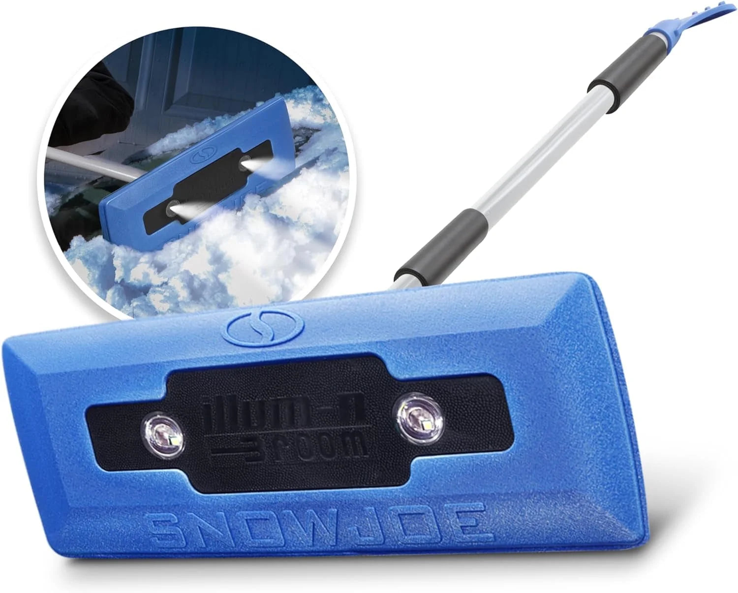 Snow Joe 4-in-1 Telescoping Snow Broom + Ice Scraper, LED Lights, 18" x 7" Foam Head - Blue