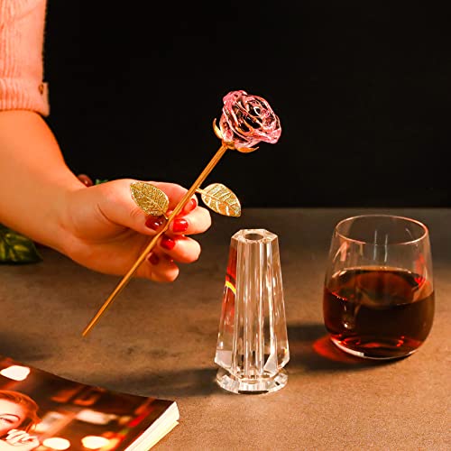Crystal Pink Rose Flowers Glass Figurine with Vase Home Decor A62950