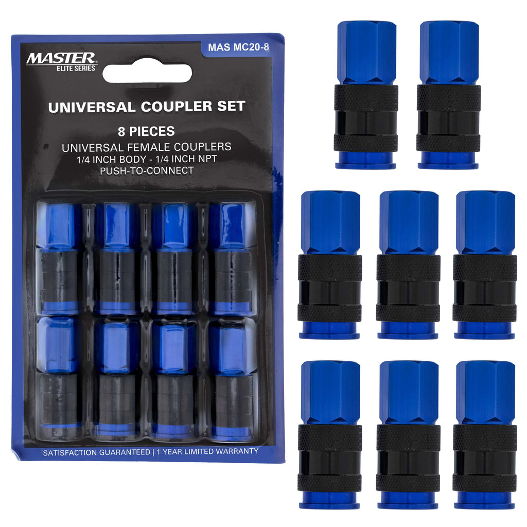 Master Elite Series 8 Piece Universal Air Hose Quick Push Connect Coupler Set with 1/4\" NPT Female Threads - Accepts 3 Common Plugs Types, I/M Industrial, T Auto, A ARO - Compressor Air Tool