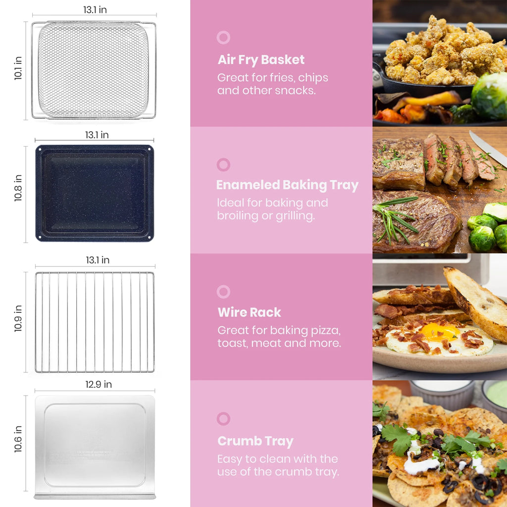 Retro Infrared Air Fryer Toaster Oven, Extra Large Countertop Convection Oven 10-in-1, 6-Slice Toast, Enamel Baking Pan, Pink P708509