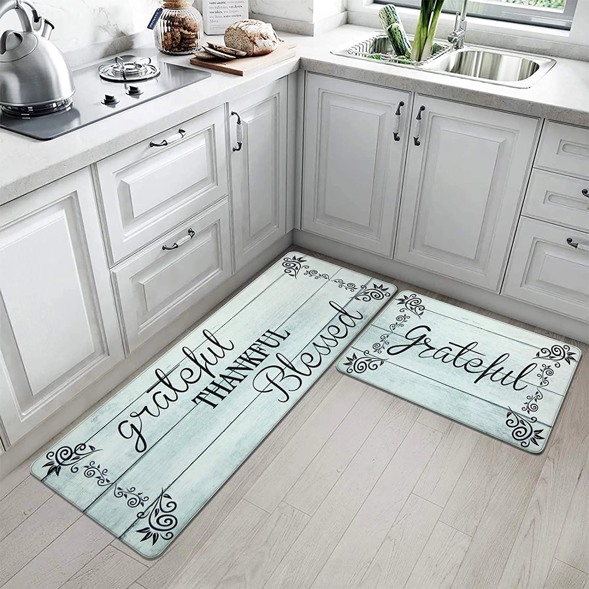 Kitchen Rug Set 2 Piece Anti Fatigue Non-Slip Waterproof Mat Runner, Aqua Blue I548569