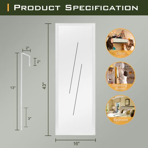 Over-the-Door Mirror, Full Length Hanging or Wall Mount, White, 43x16 I954