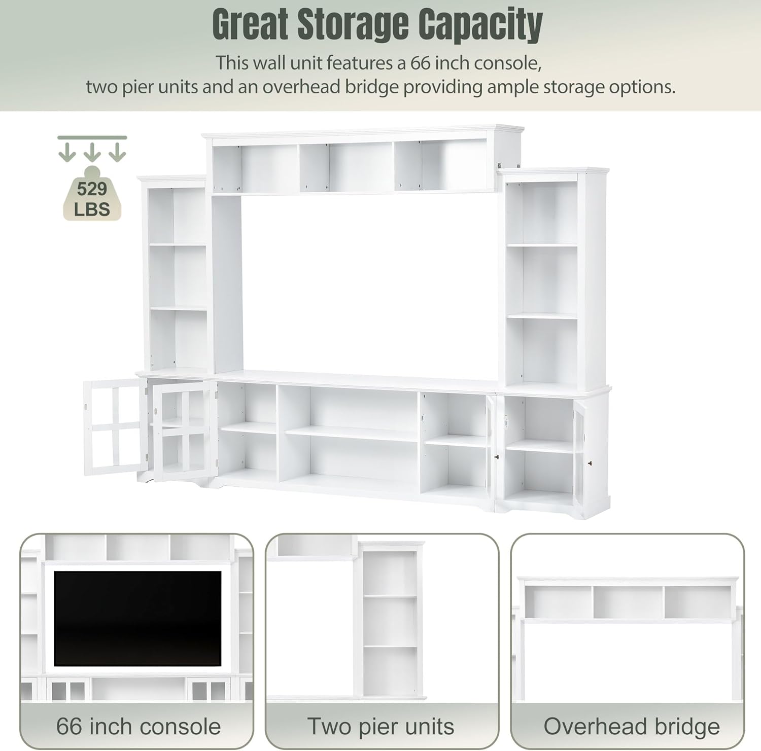 Media Console Table for TVs Up to 70" with Tempered Glass Door, White J769401