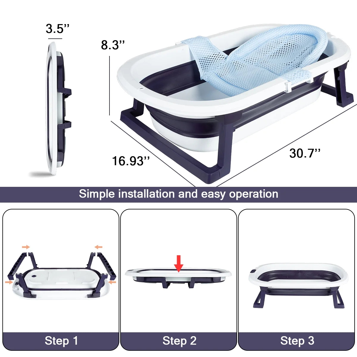 Folding Baby Bathtub with Support Seat for Newborns and Toddlers, Blue P60450