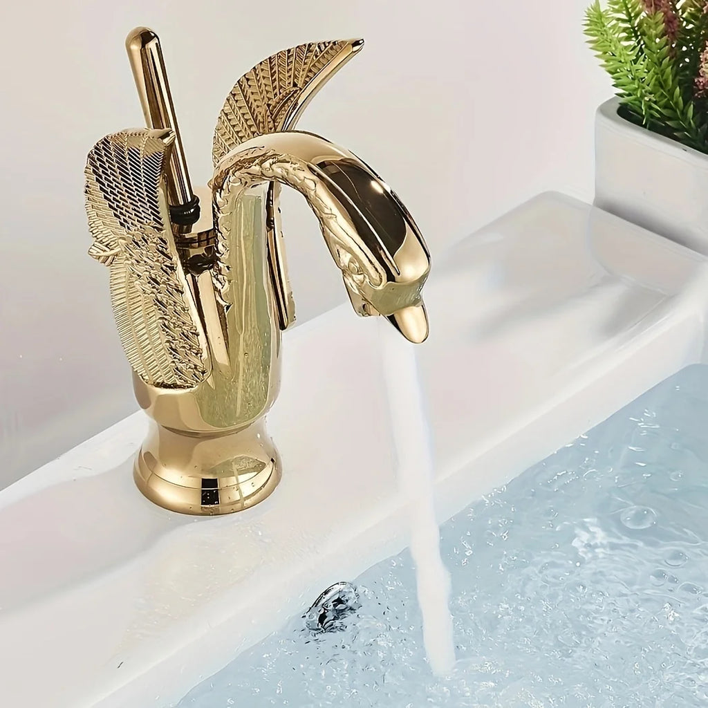 Swan Faucet Bathroom Sink Faucet Polished Gold Single Handle One Hole Basin Tap W86189