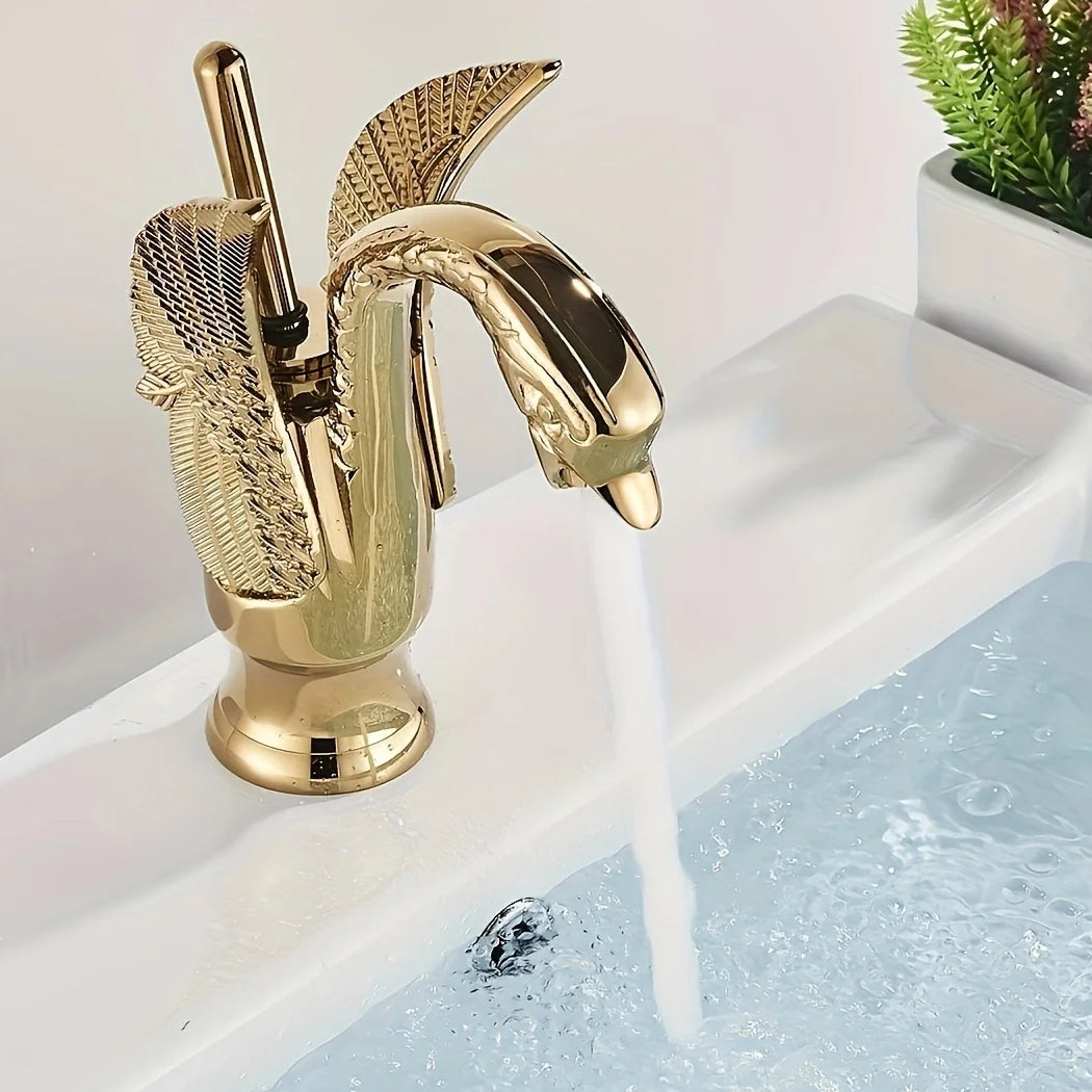 Swan Faucet Bathroom Sink Faucet Polished Gold Single Handle One Hole Basin Tap W86189