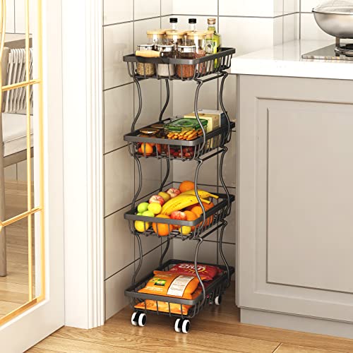 Stackable Metal Wire Fruit Basket on Wheels for Kitchen Storage E85311