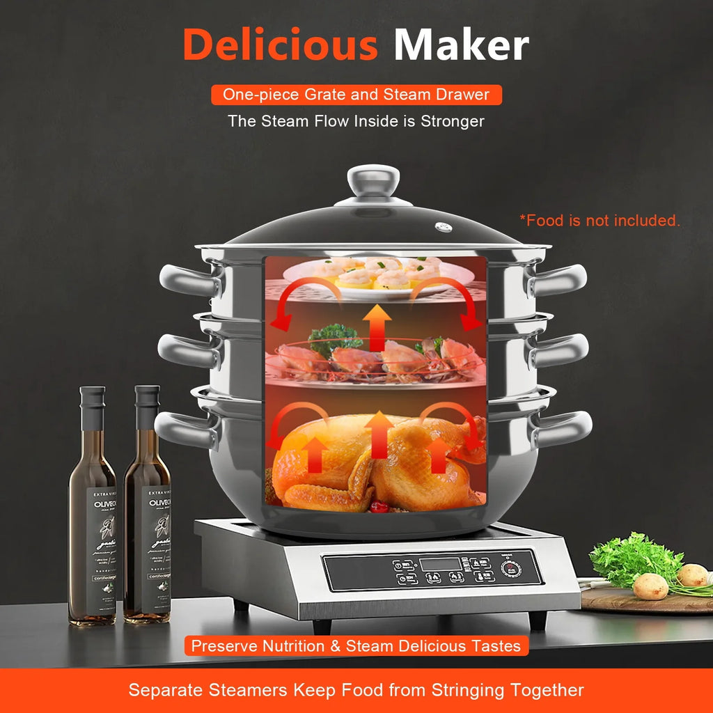 3 Tiers Steamer, 11" Stainless Steel Steaming Pot with Glass Lid G654