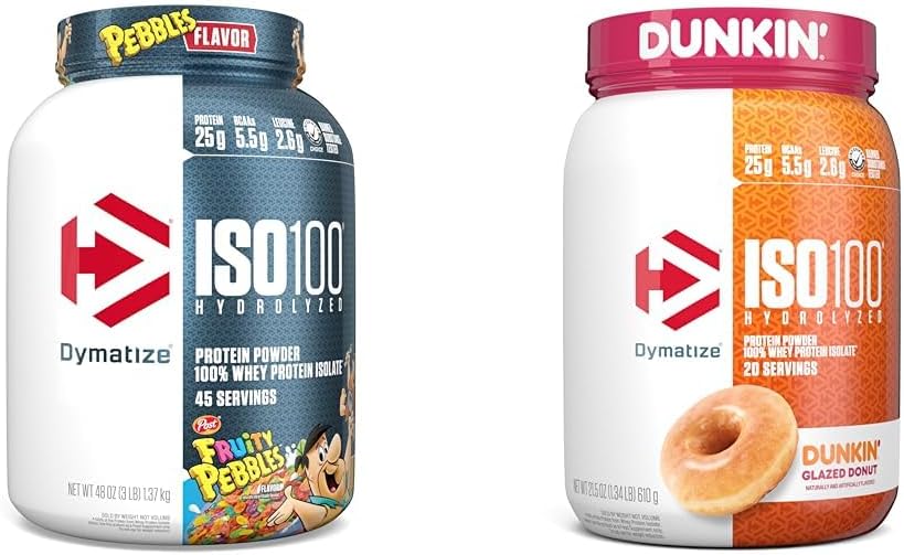 Dymatize ISO100 Hydrolyzed Protein Powder, 100% Whey Isolate, 25g of Protein, 5.5g & ISO100 Hydrolyzed Protein Powder, 100% Whey Isolate, Dunkin' Glazed Donut Flavor