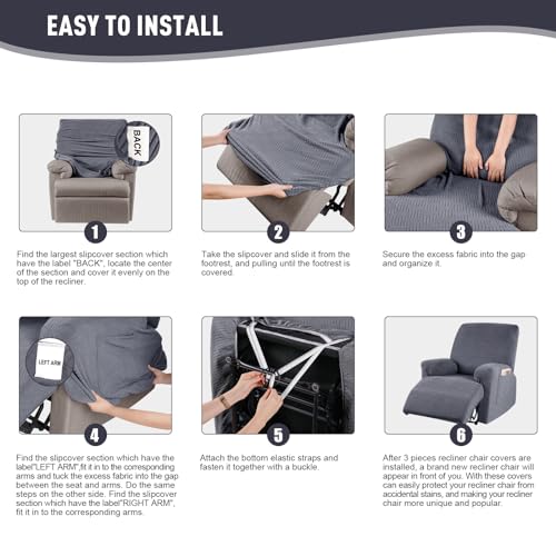 Stretch Recliner Chair Cover with Stripe Jacquard Pattern, 1 Seater, Misty Gray X188311