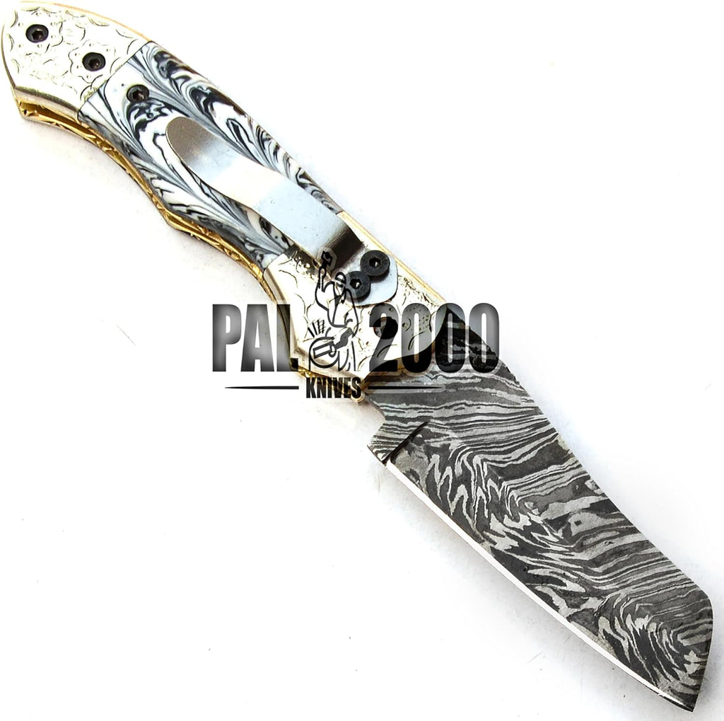 Damascus Steel Folding Pocket Knife with Sheath J237734