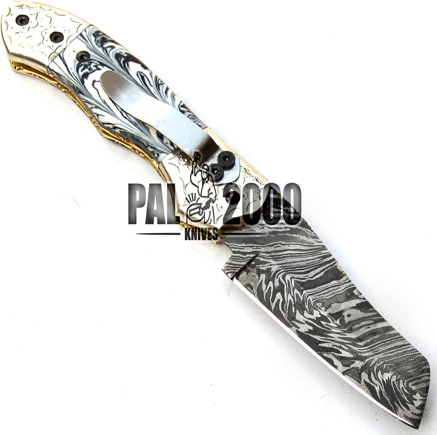 Damascus Steel Folding Pocket Knife with Sheath J237734