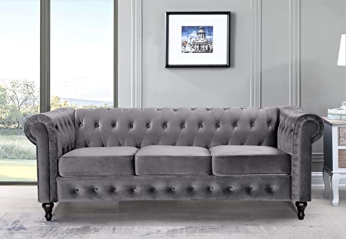 3-Piece Velvet Chesterfield Sofa Set with Couch, Loveseat and Accent Chair, Grey J93016