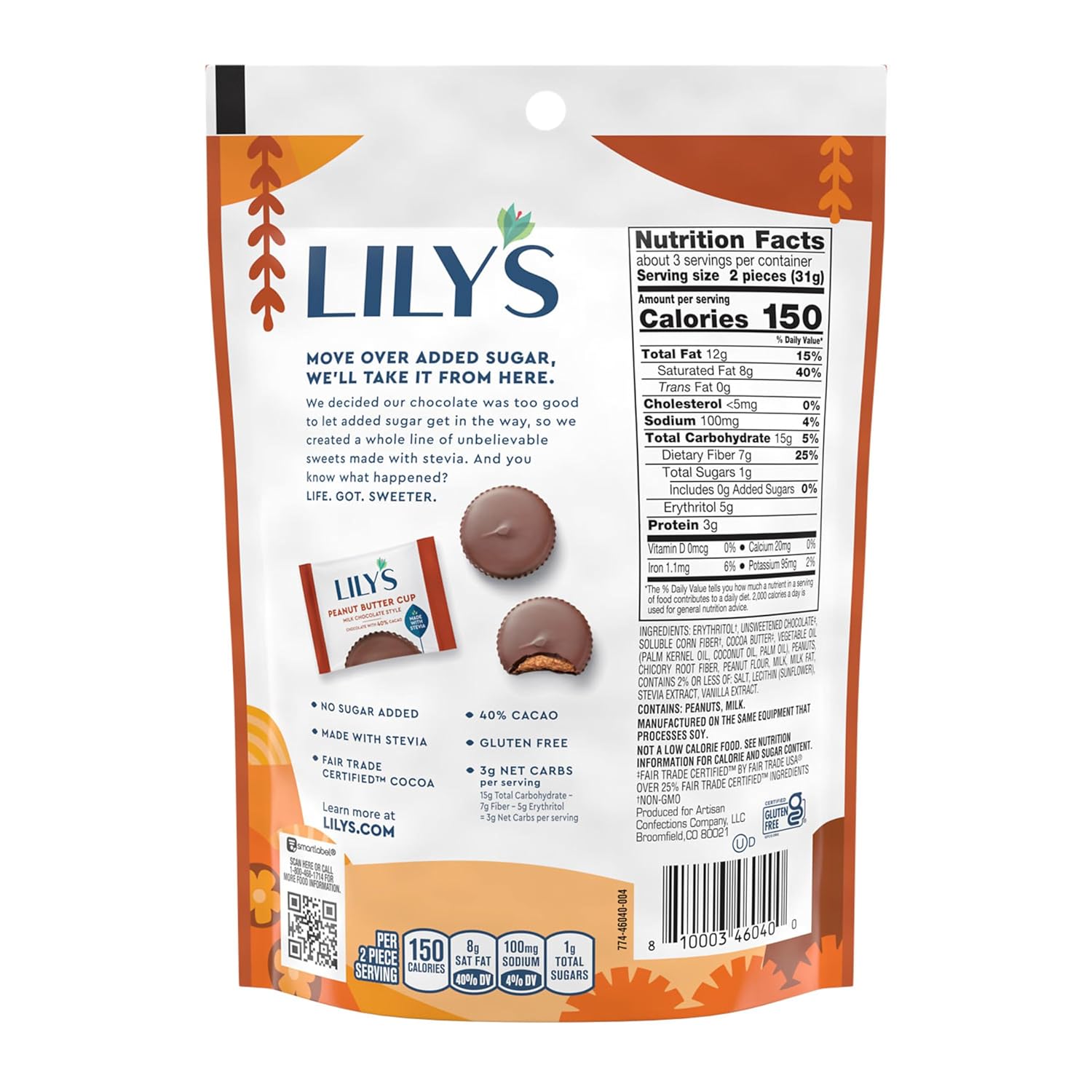 Milk Chocolate Peanut Butter Cups, No Sugar Added, 3.2 oz (12 Count) C56744