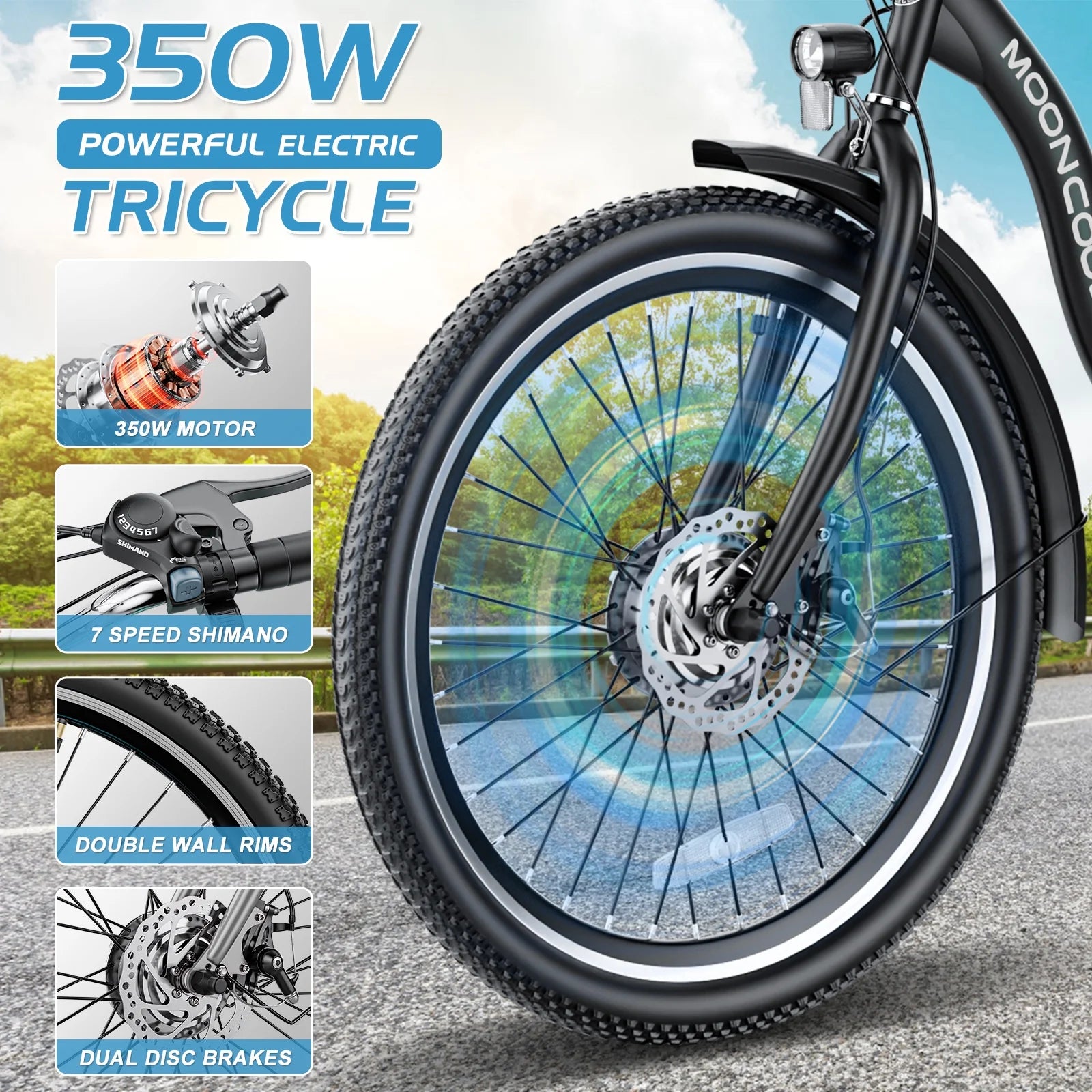 26" 350W 36V 7-Speed Electric Tricycle for Adults with Basket and LED Headlight P542381