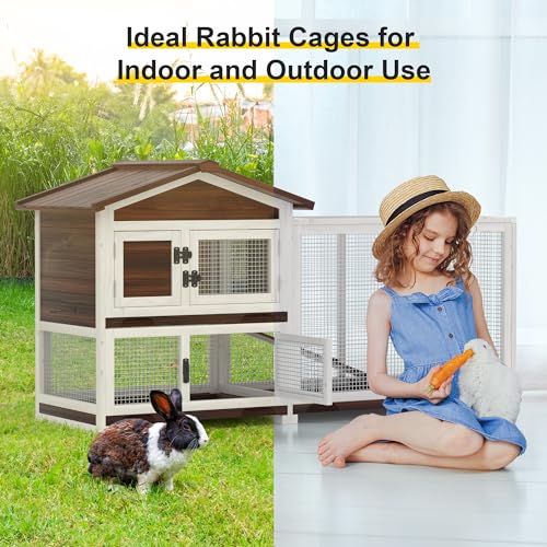 2 Story Wooden Rabbit Hutch with Removable Trays and Large Run Cage K35139