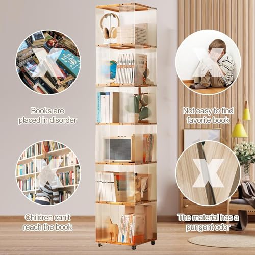 Rolling Bookcase, Bamboo 360° Rotating Bookshelf Tower with Wheels Z7303
