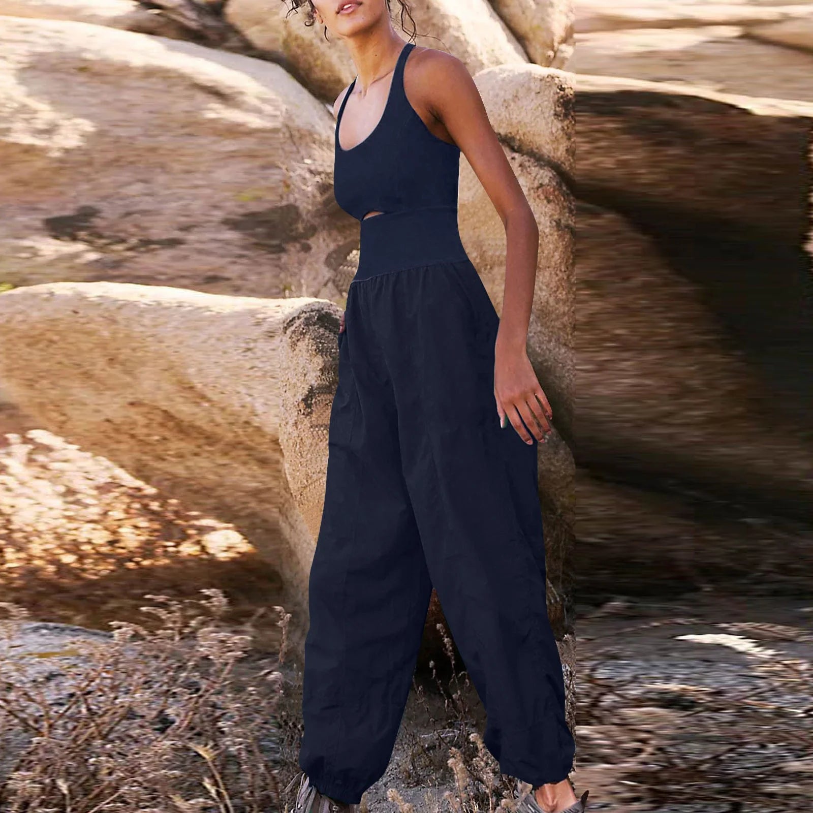 Women Square Neck Sleeveless Jumpsuit Z9509