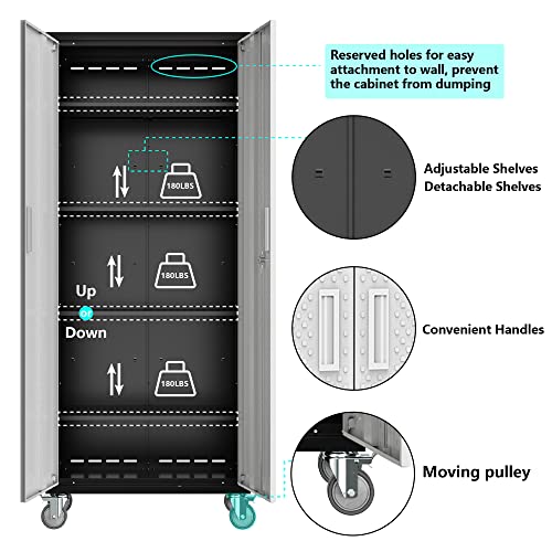 72" Metal Garage Storage Cabinet with Wheels, Adjustable Shelves & Locking Doors Q66304
