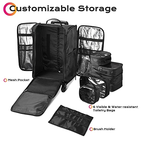 Rolling Makeup Train Case Soft Sided Cosmetic Organizer with Removable Side Pocket L1629