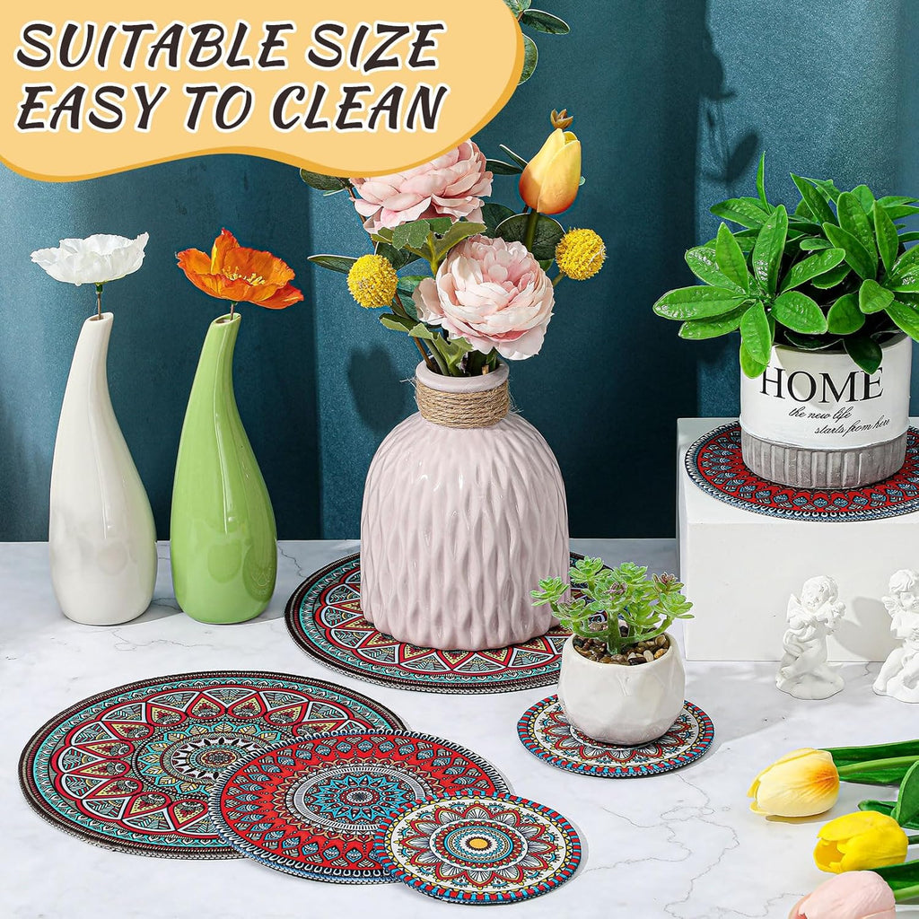 6 Pcs Boho Plant Pot Mat 3 Sizes Absorbent Non Slip Round Coaster for Indoor Outdoor Gardening F97102