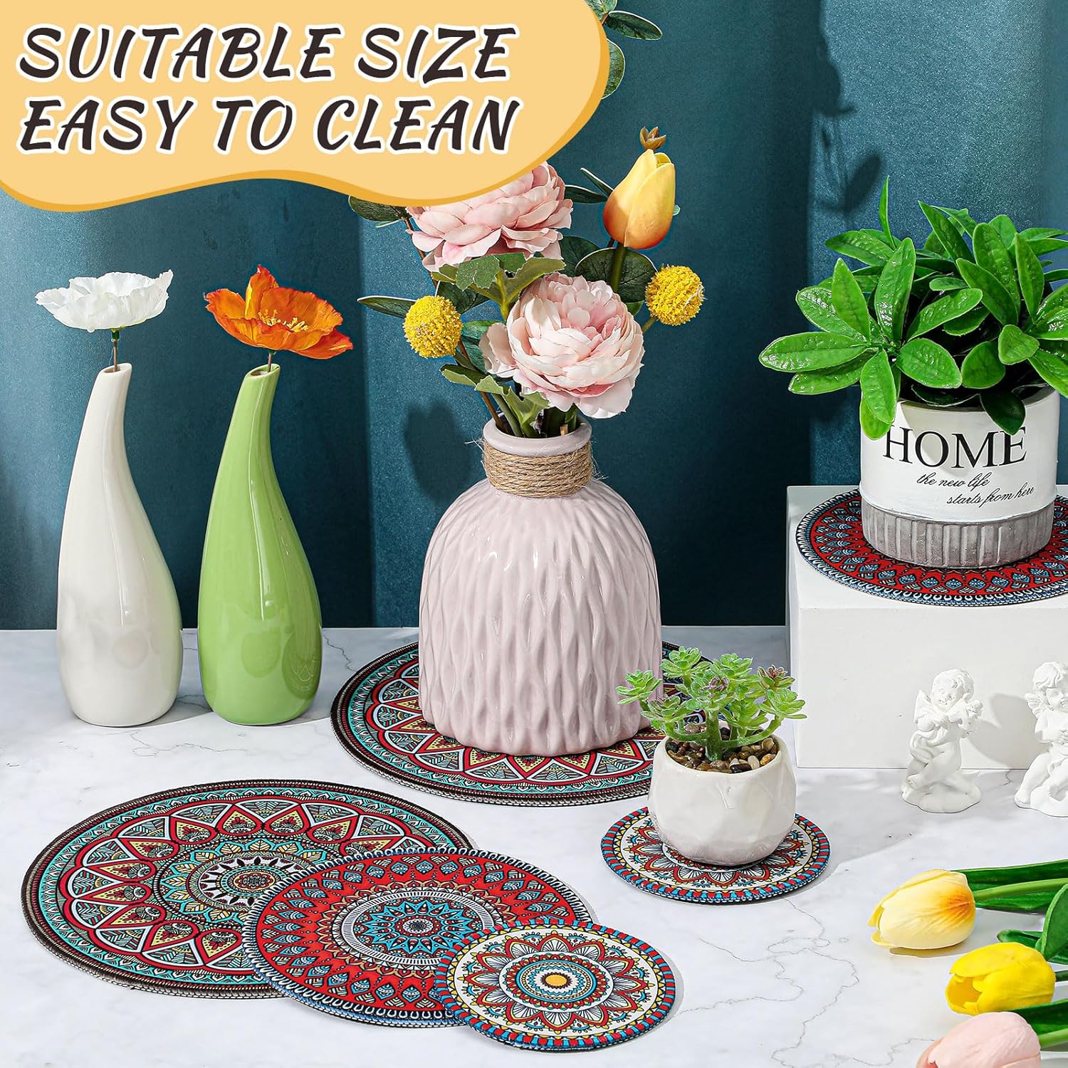 6 Pcs Boho Plant Pot Mat 3 Sizes Absorbent Non Slip Round Coaster for Indoor Outdoor Gardening F97102