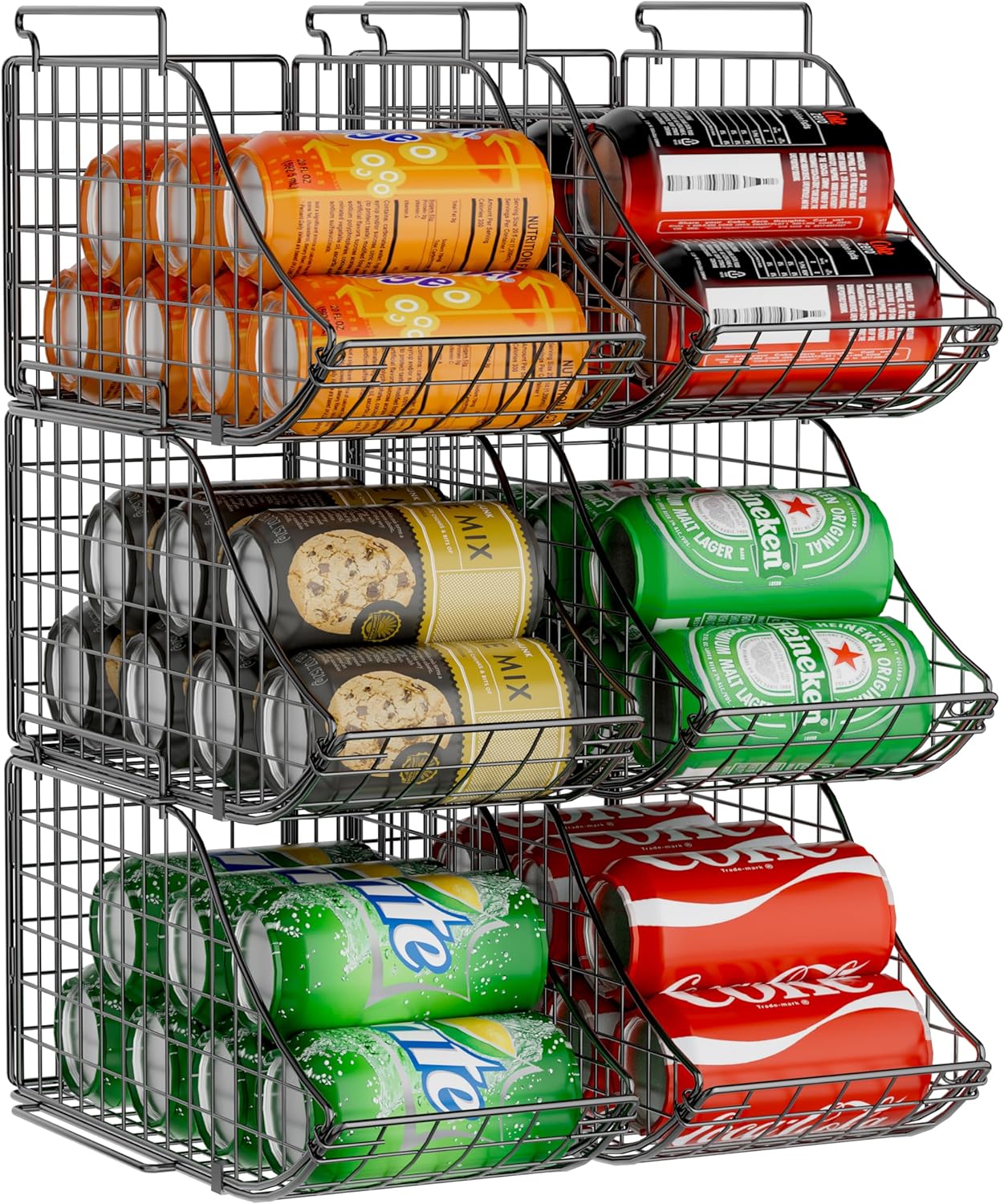 Can Storage Organizer Pantry, Stackable Kitchen Canned Food Holder With Handles, Can Organizer For Pantry Countertop Cabinet, Beverage Drink Pop Soda Can Dispenser Patent Pending (Black, 6 pack)