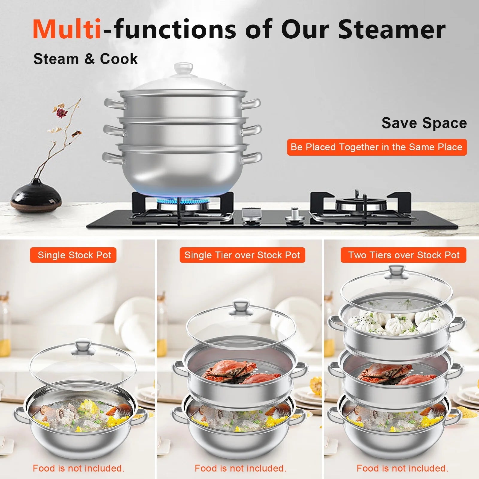 3 Tiers Steamer, 11" Stainless Steel Steaming Pot with Glass Lid G654