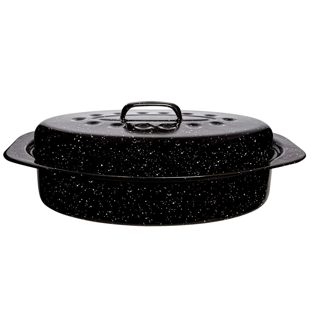 Millvado Roasting Pan With Lid, Turkey Roaster Pan, Extra Large 20 lb Capacity, 19" Granite Oven Roaster Oval Shaped Speckled Enamel on Steel Cookware